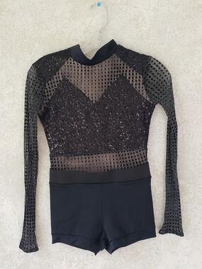 Weissman Girls  Black Sequin Mesh Long-Sleeve Bodysuit Size LC Dancewear